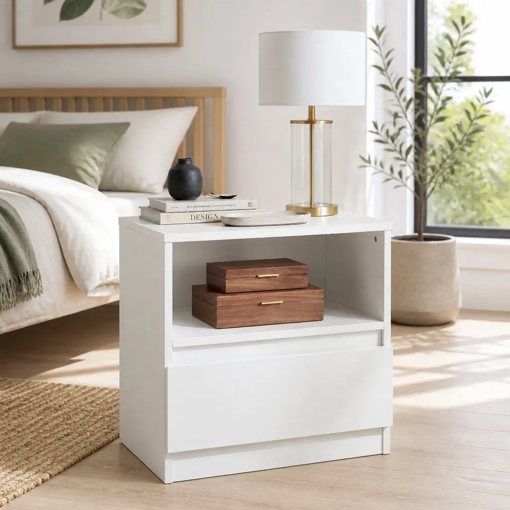 Compact Bedside Table Nightstand in Warm White with Drawer and Shelf 47cm