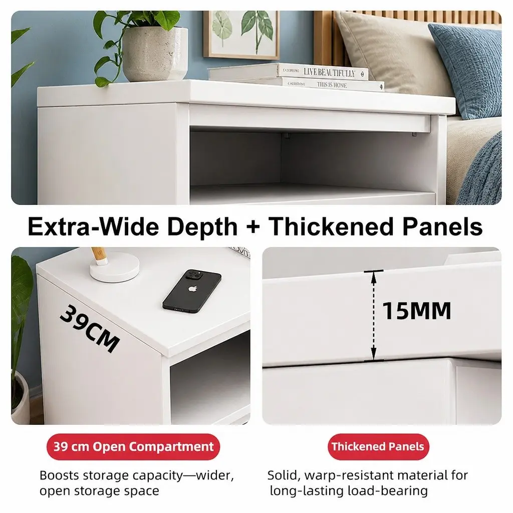 Compact Bedside Table Nightstand in Warm White with Drawer and Shelf 47cm