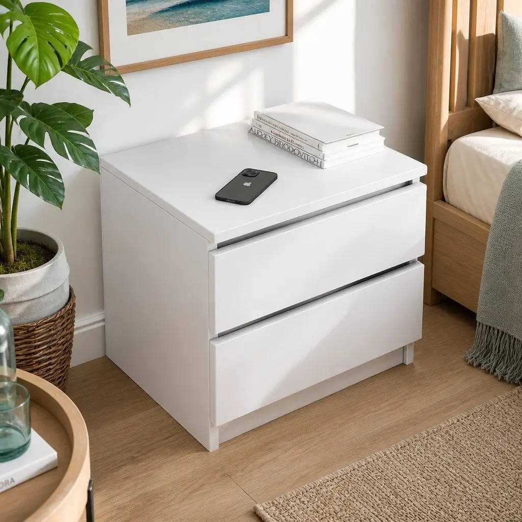 Minimalist Nightstand Warm White with 2 Spacious Drawers 50x40x30 cm