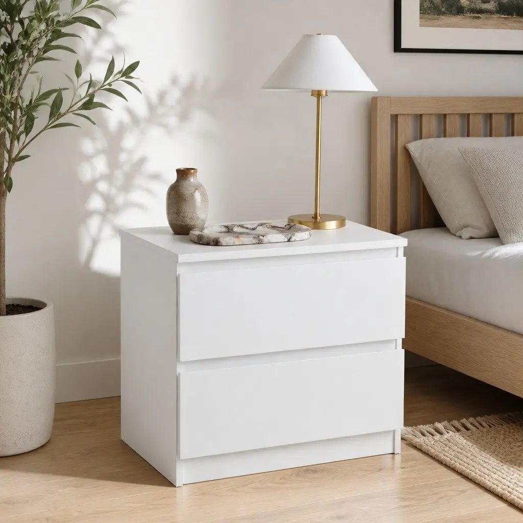 Minimalist Nightstand Warm White with 2 Spacious Drawers 50x40x30 cm