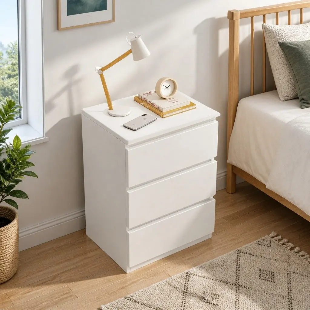 Stylish Warm White Nightstand with 3 Functional Drawers and Sleek Design