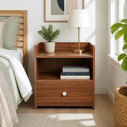 Walnut Bedside Table with Drawer and Open Shelf