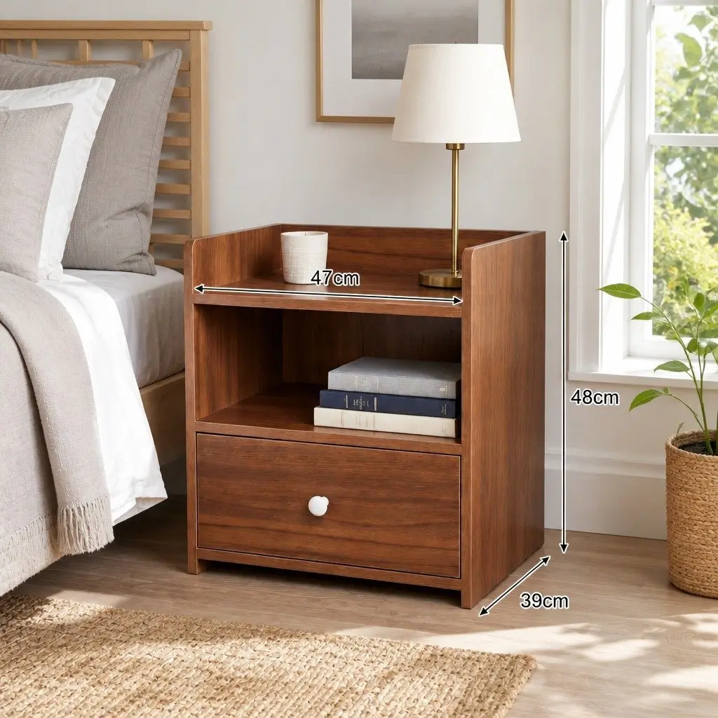 Bedside Table Vintage Style 48cm Walnut Finish with Drawer and Open Shelf