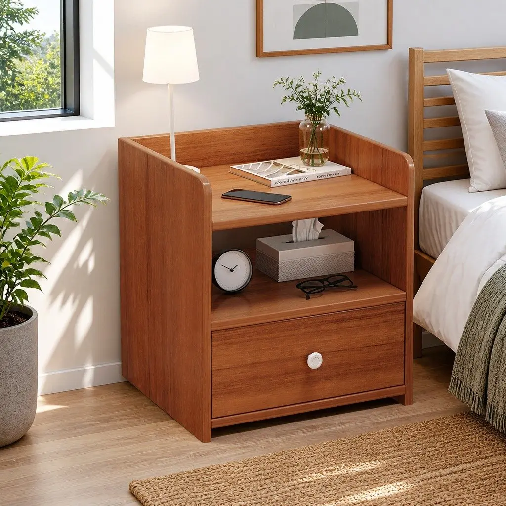 Bedside Table Vintage Style 48cm Walnut Finish with Drawer and Open Shelf