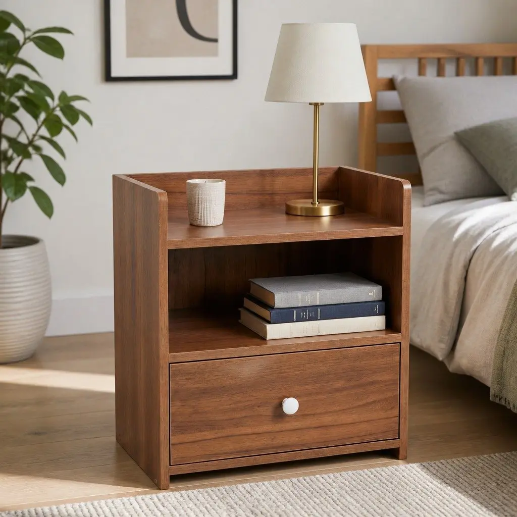 Bedside Table Vintage Style 48cm Walnut Finish with Drawer and Open Shelf