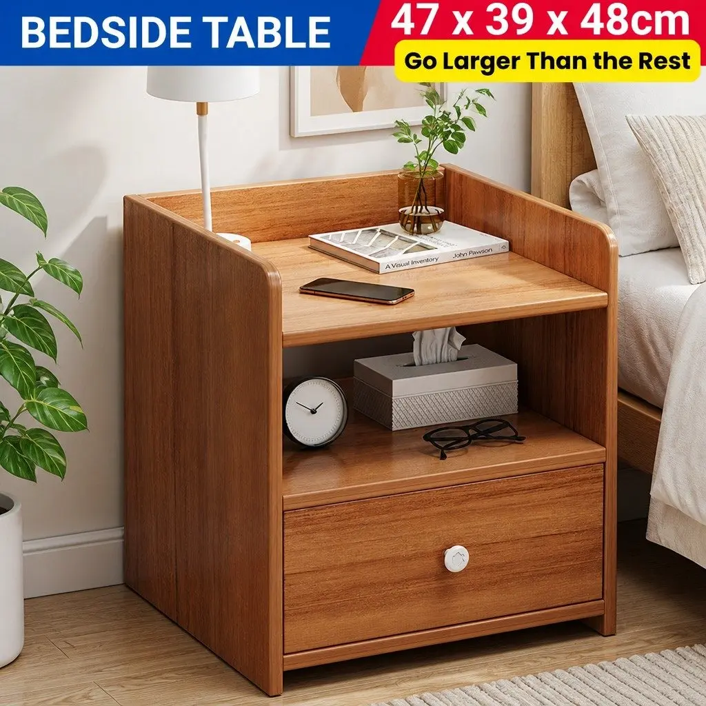 Bedside Table Vintage Style 48cm Walnut Finish with Drawer and Open Shelf