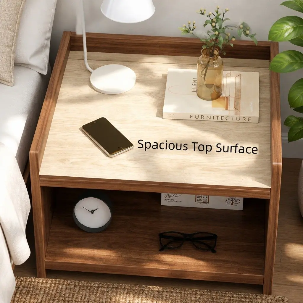 Bedside Table Vintage Style 48cm Walnut Finish with Drawer and Open Shelf