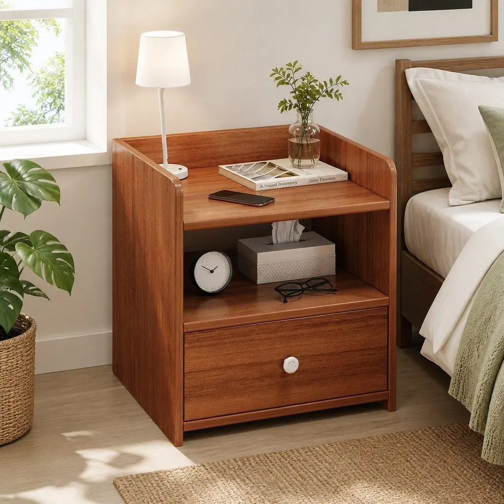 Bedside Table Vintage Style 48cm Walnut Finish with Drawer and Open Shelf