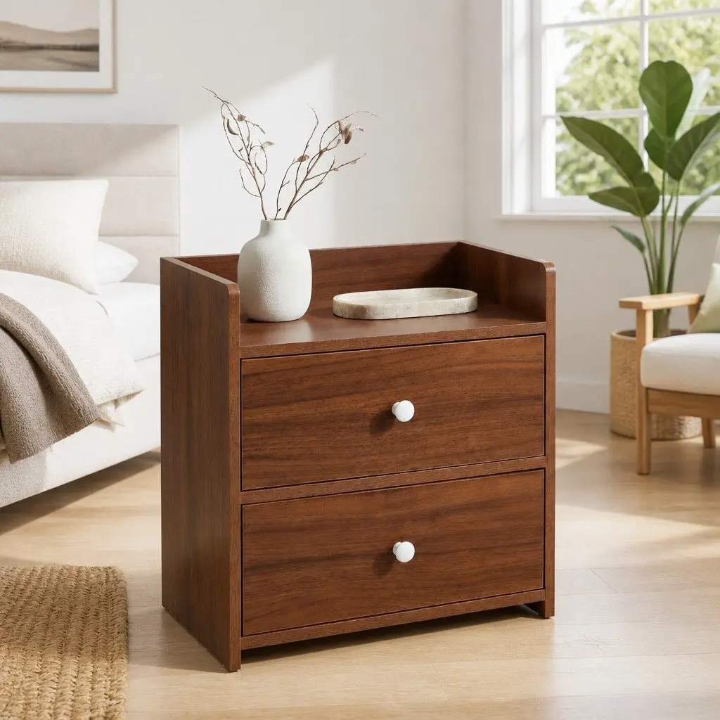 Bedside Table with Tray Top 47cm Walnut Wood Grain Finish