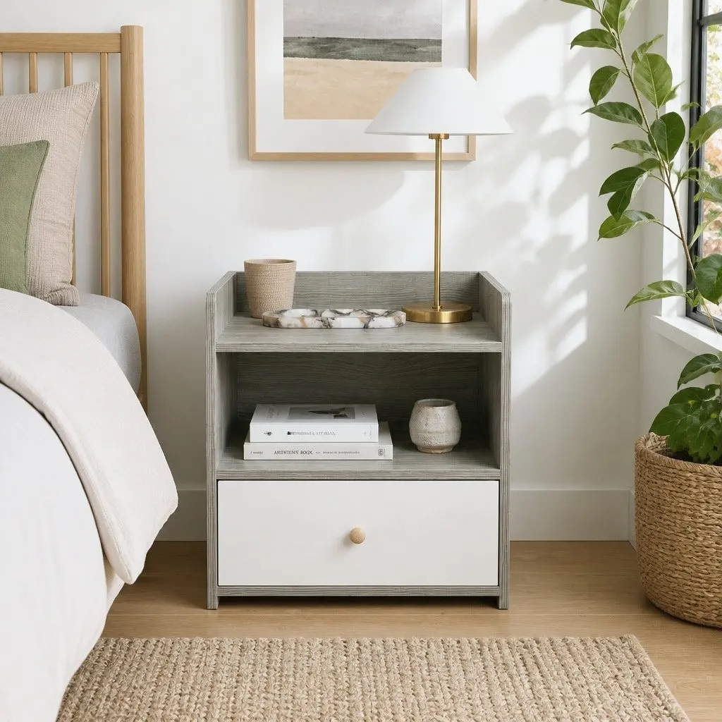 Nightstand Compact 48cm Light Gray Wood Grain with Drawer and Open Tray