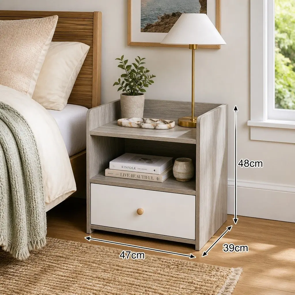 Nightstand Compact 48cm Light Gray Wood Grain with Drawer and Open Tray