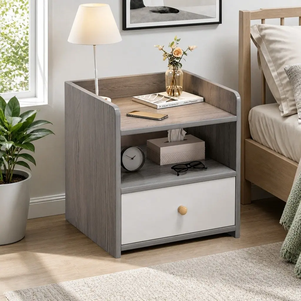 Nightstand Compact 48cm Light Gray Wood Grain with Drawer and Open Tray