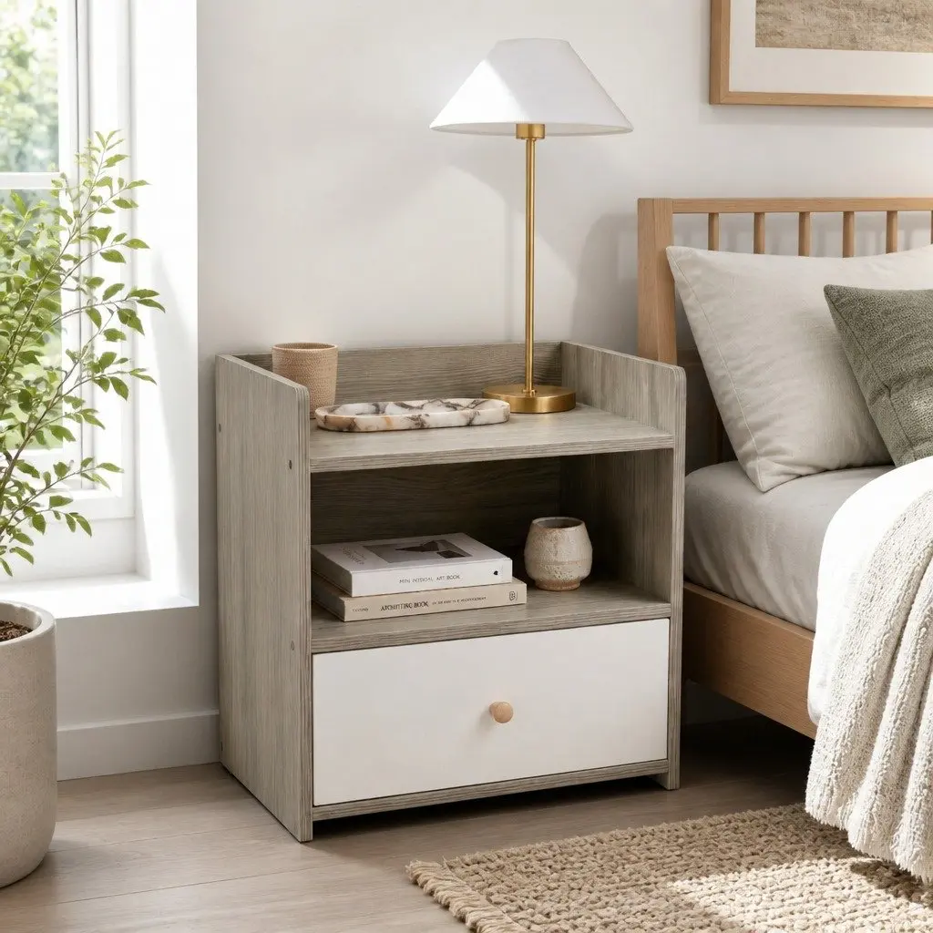 Nightstand Compact 48cm Light Gray Wood Grain with Drawer and Open Tray