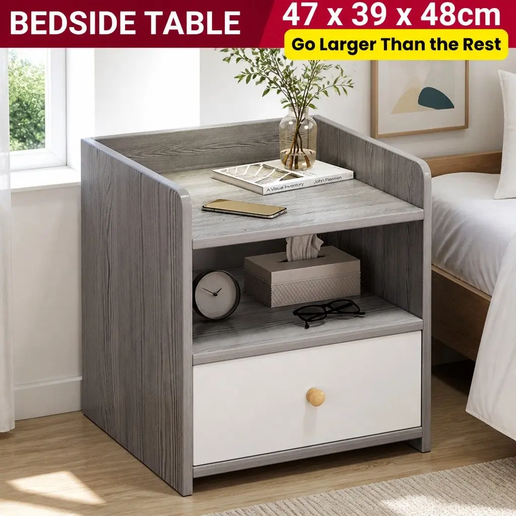 Nightstand Compact 48cm Light Gray Wood Grain with Drawer and Open Tray
