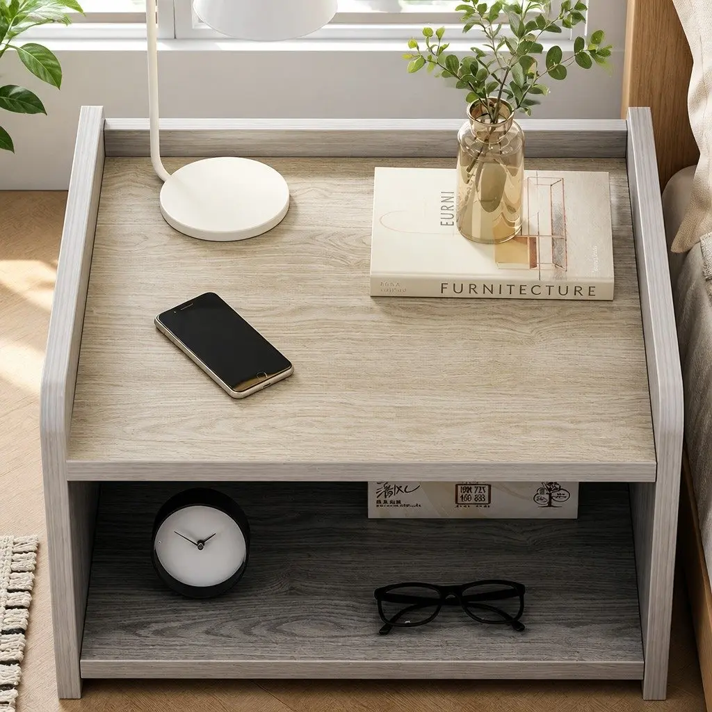 Nightstand Compact 48cm Light Gray Wood Grain with Drawer and Open Tray
