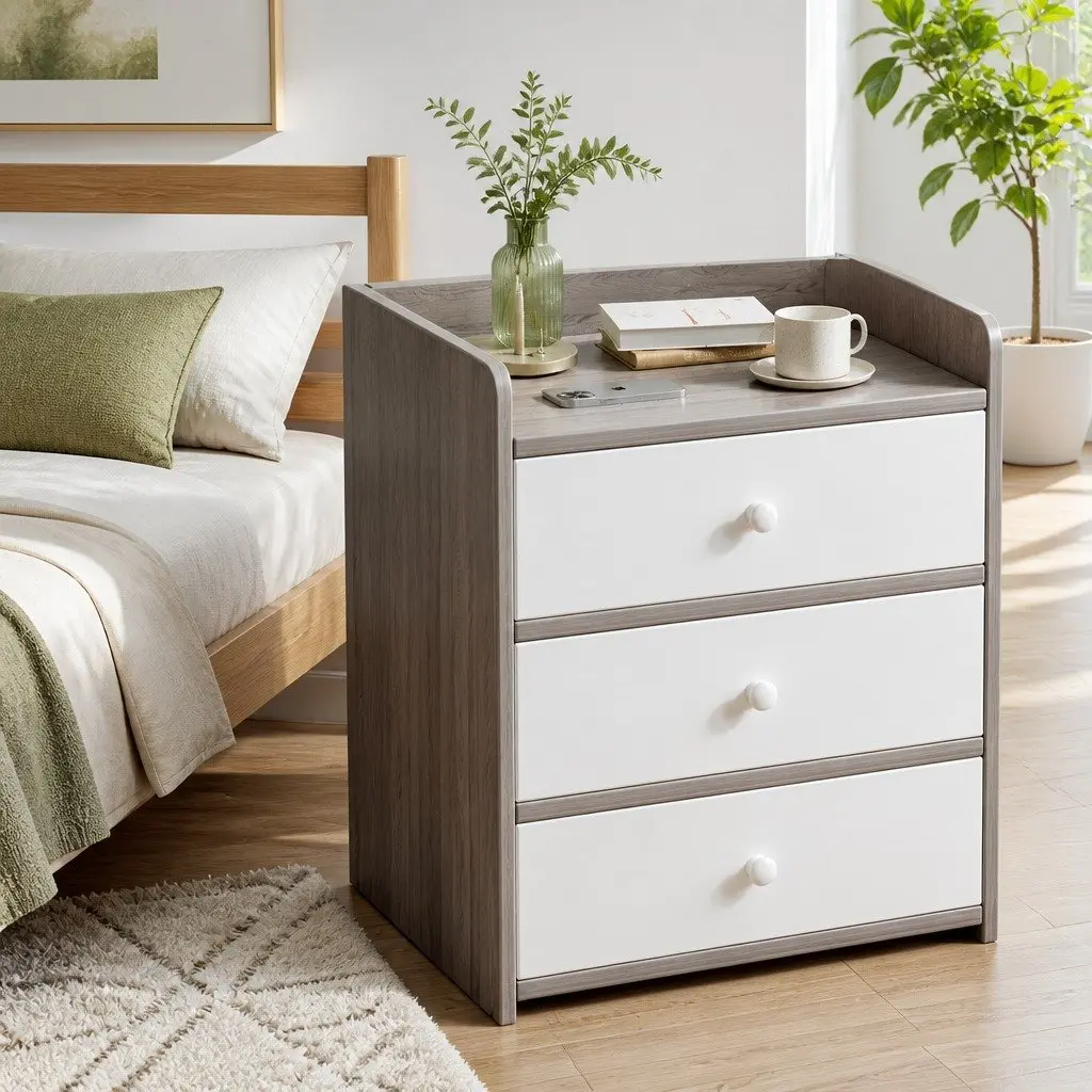 Nightstand Compact 48cm Light Gray Wood Grain with Drawer and Open Tray