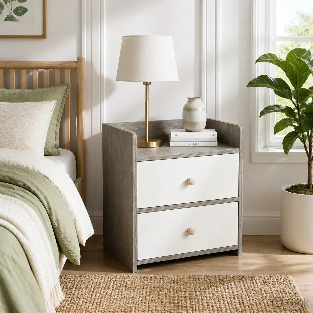 Bedside Table Nightstand Two-Tone Light Gray White Wooden Drawers Knobs