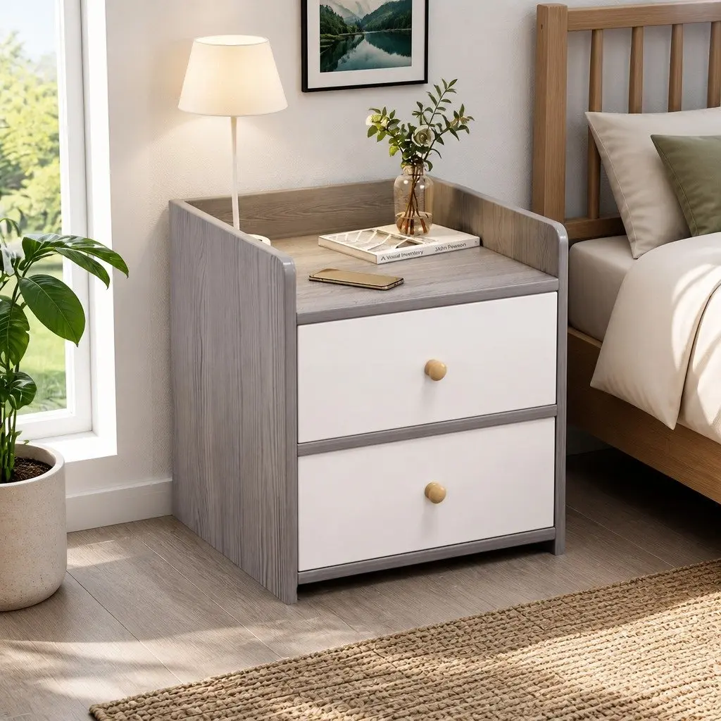 Bedside Table Nightstand Two-Tone Light Gray White Wooden Drawers Knobs