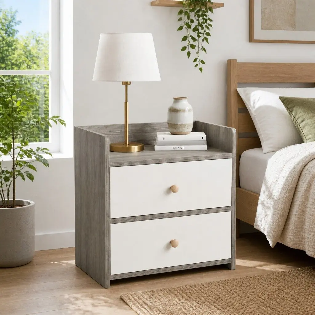 Bedside Table Nightstand Two-Tone Light Gray White Wooden Drawers Knobs