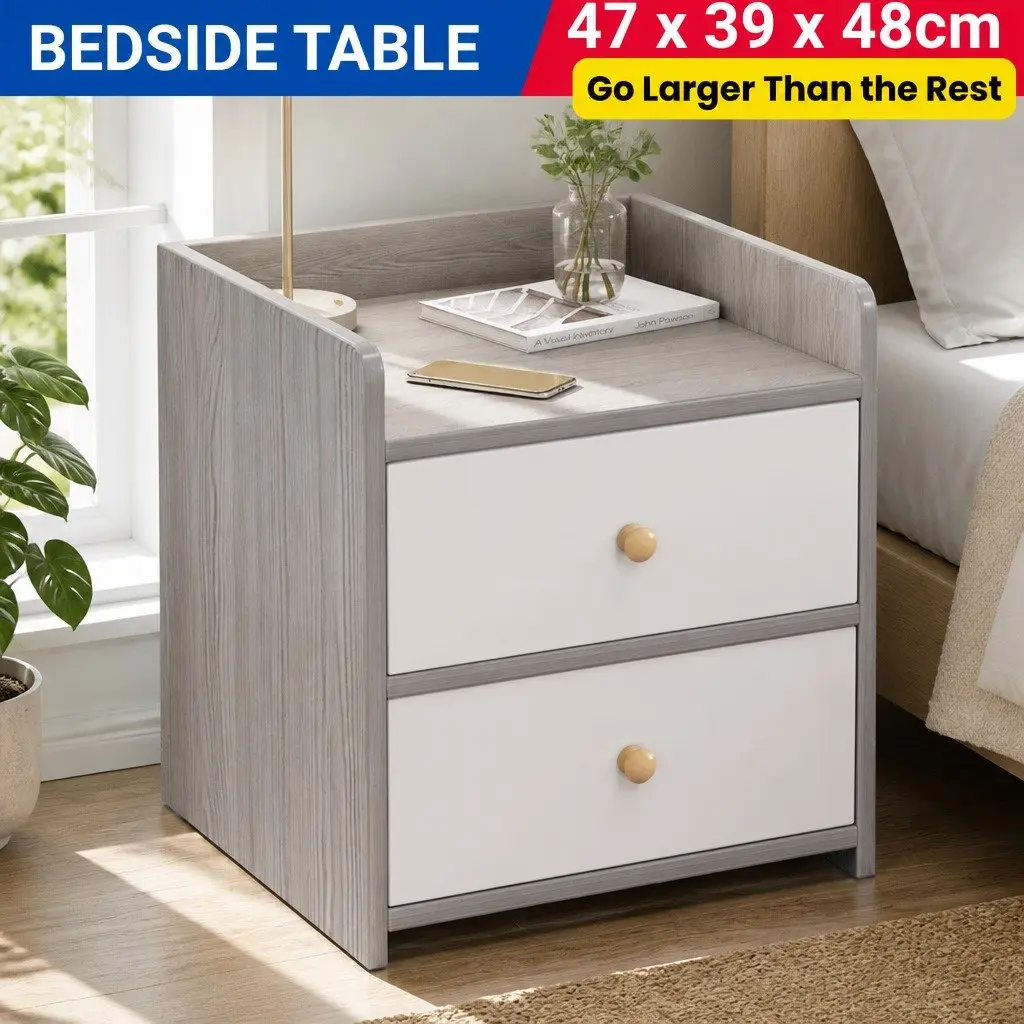 Bedside Table Nightstand Two-Tone Light Gray White Wooden Drawers Knobs
