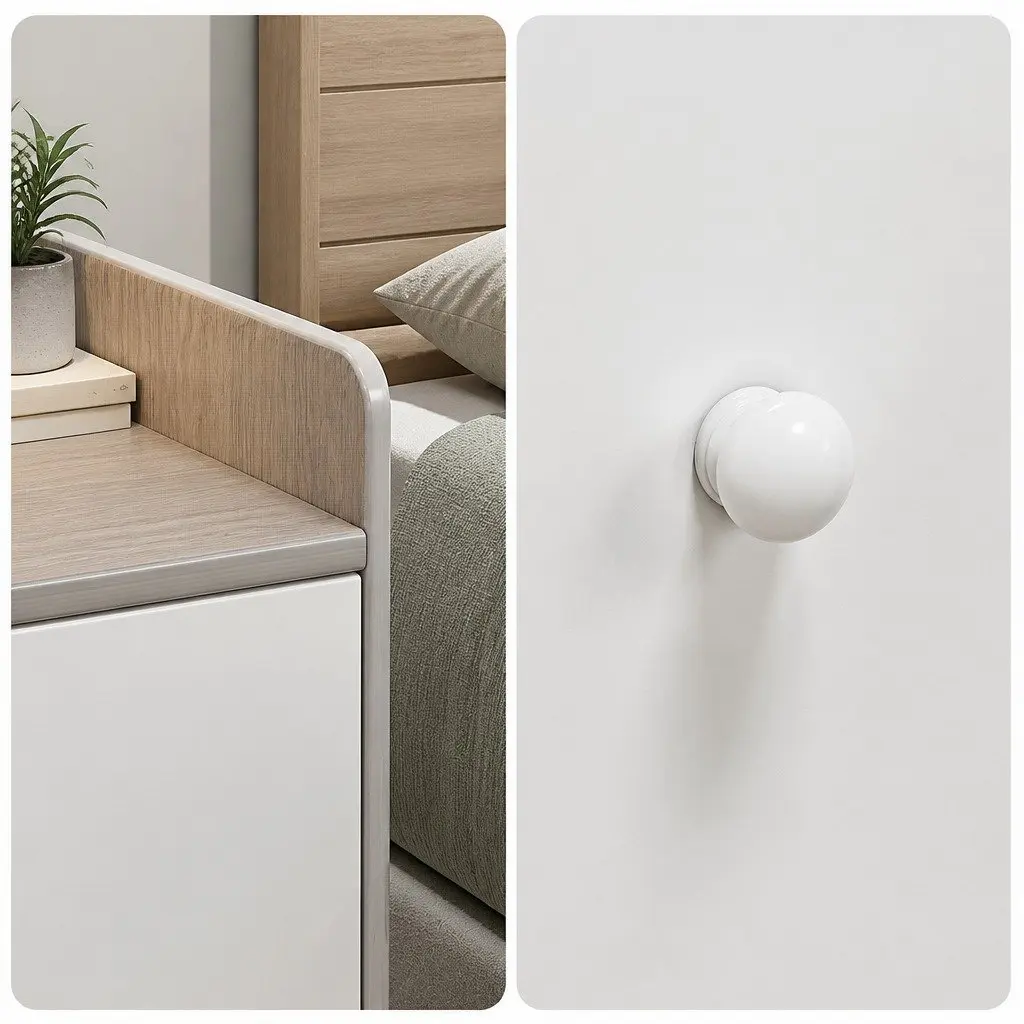 Bedside Table Nightstand Two-Tone Light Gray White Wooden Drawers Knobs