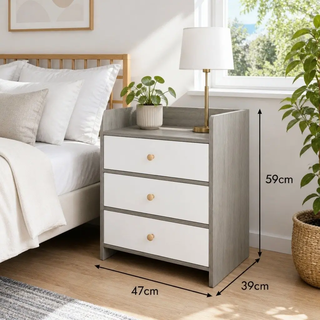Bedside Table Nightstand 3 Drawer Storage Wood Grain Light Gray Bedroom