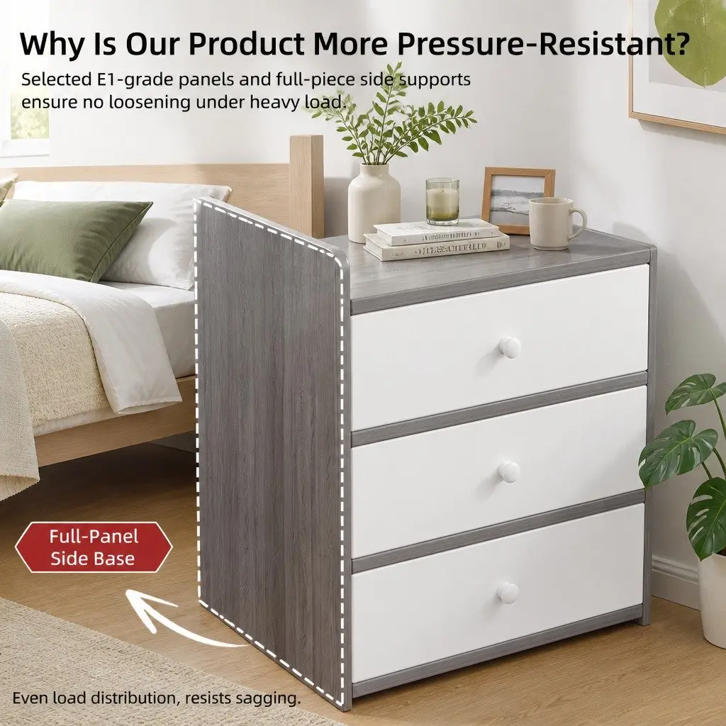 Bedside Table Nightstand 3 Drawer Storage Wood Grain Light Gray Bedroom
