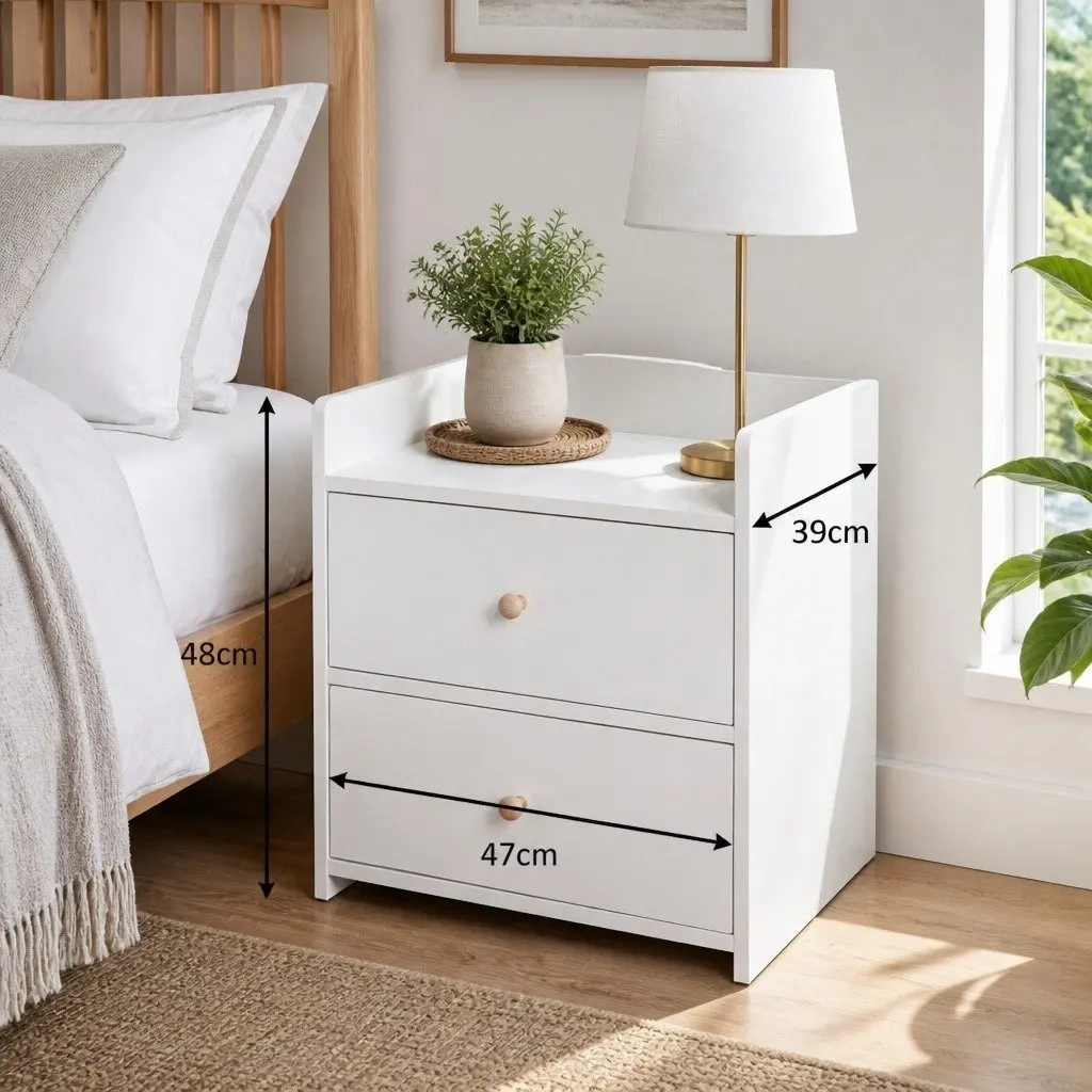 Warm White Bedside Table Nightstand with 2 Drawers and Open Tray - 47 cm