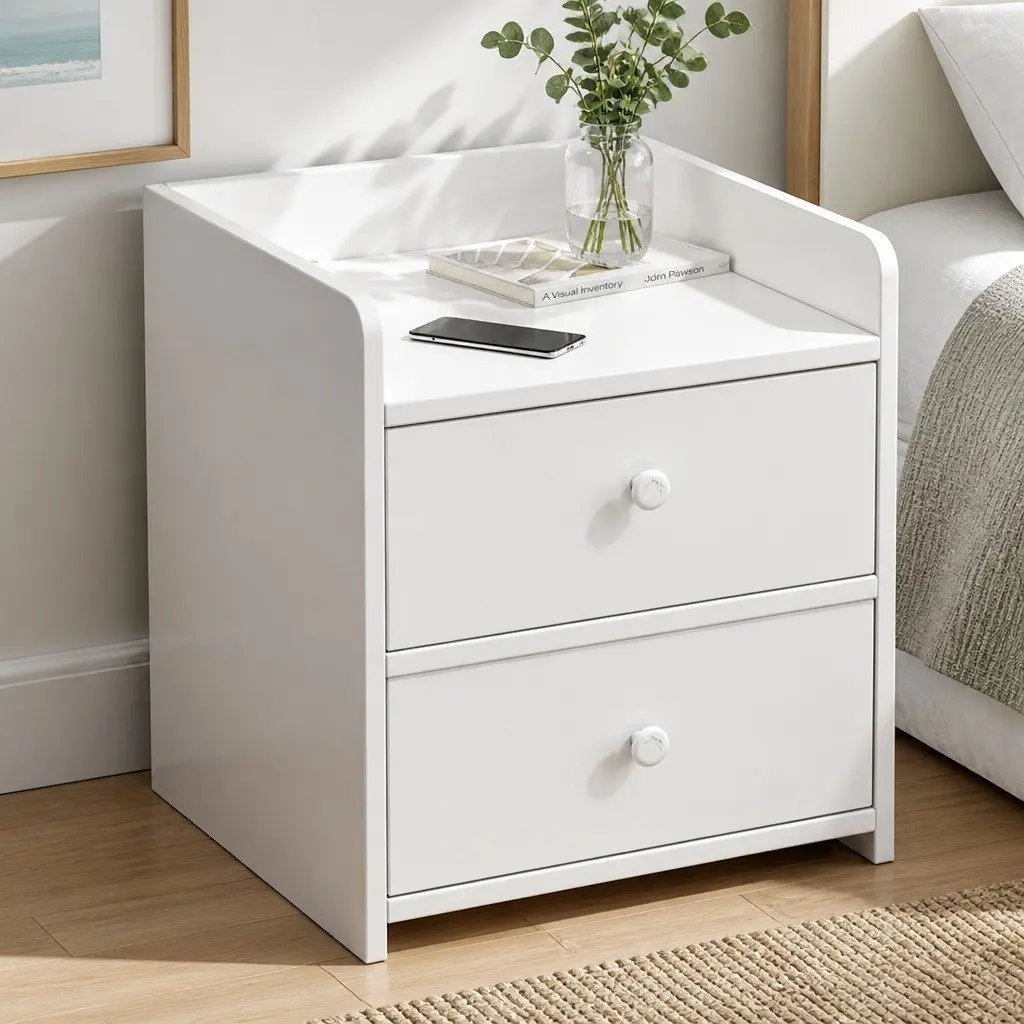 Warm White Bedside Table Nightstand with 2 Drawers and Open Tray - 47 cm