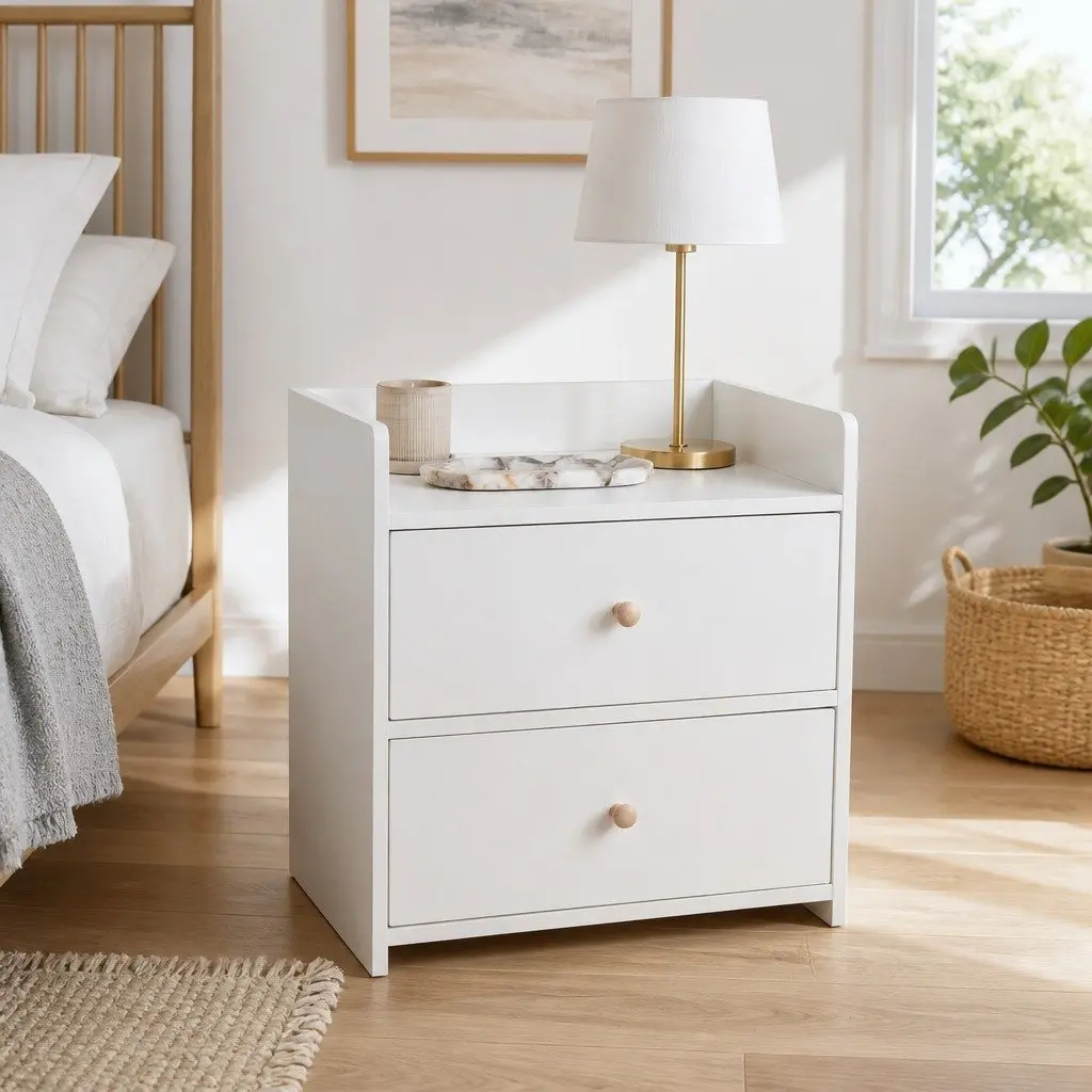 Warm White Bedside Table Nightstand with 2 Drawers and Open Tray - 47 cm