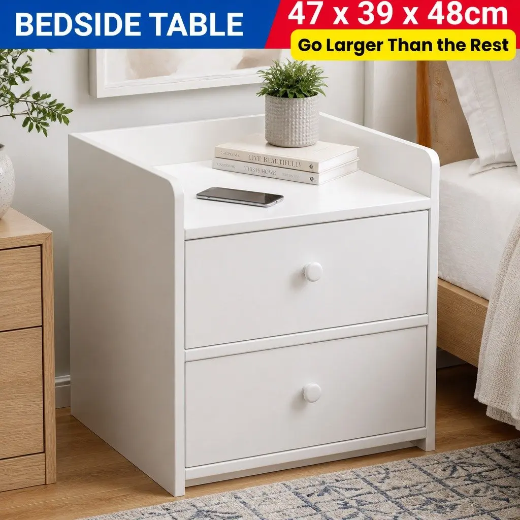 Warm White Bedside Table Nightstand with 2 Drawers and Open Tray - 47 cm