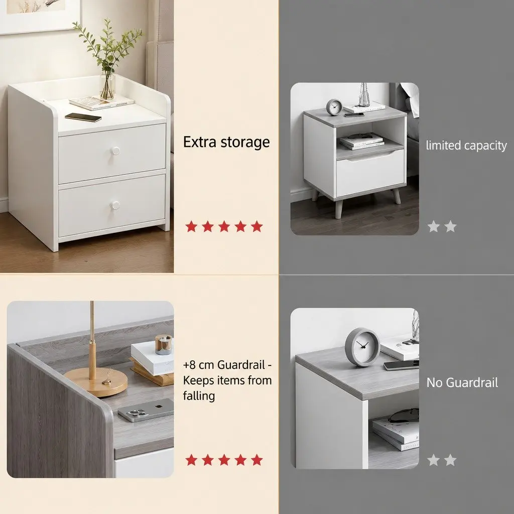 Warm White Bedside Table Nightstand with 2 Drawers and Open Tray - 47 cm