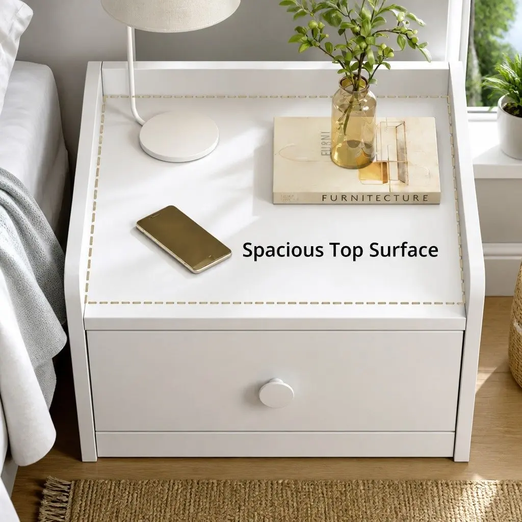 Warm White Bedside Table Nightstand with 2 Drawers and Open Tray - 47 cm