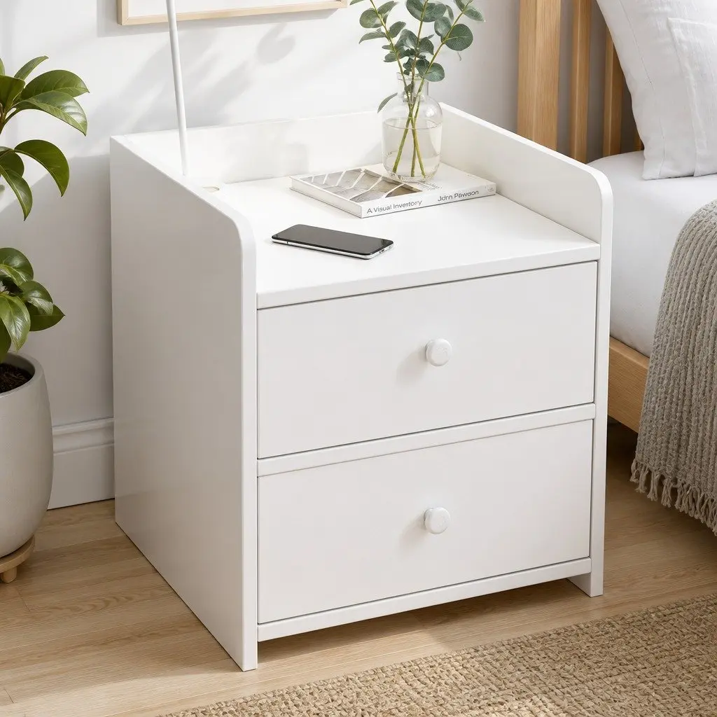 Warm White Bedside Table Nightstand with 2 Drawers and Open Tray - 47 cm