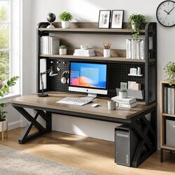 Functional Computer Desk with Bookshelf Integrated Table 120x60x170cm