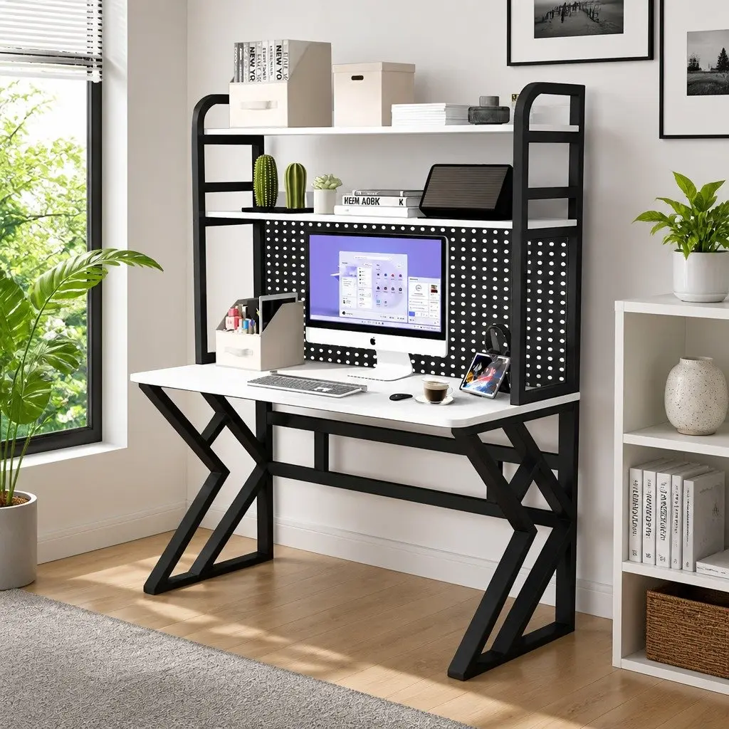 Computer Study Desk With Black Legs and White Desktop
