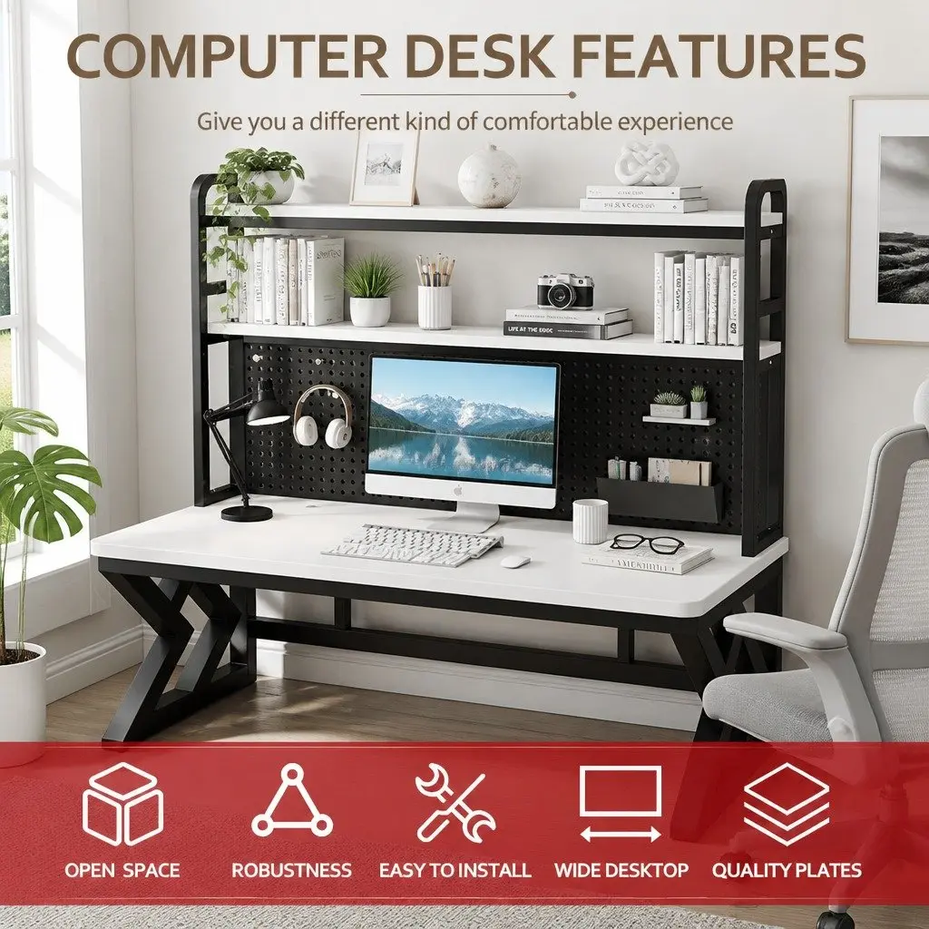 Computer Study Desk With Black Legs and White Desktop