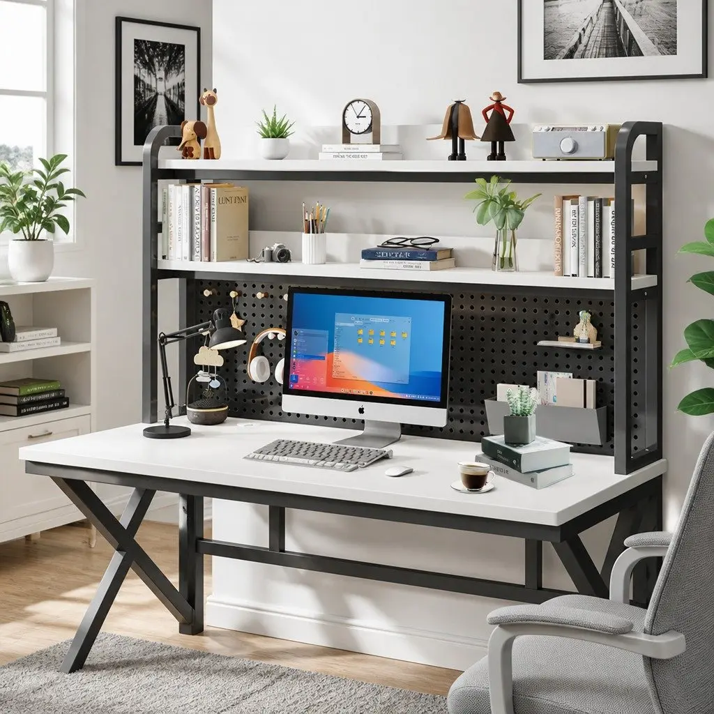 Computer Study Desk With Black Legs and White Desktop